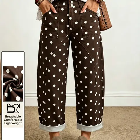 Women's Plus Size High Waist Wide Leg Denim Jeans, Fashion Casual Polka Dot Print Cropped Pants, Chic and Comfortable Fit All-Season Wear