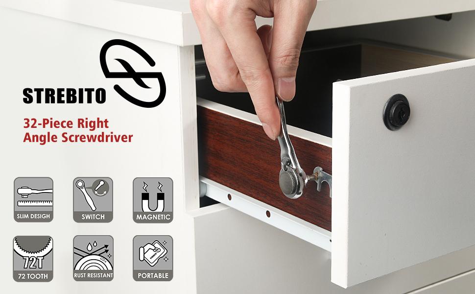 STREBITO Right Angle Screwdriver 32-Piece 1/4 Inch Mini Ratchet Set Low Profile Offset Bit Set with 72-Tooth Ratcheting Wrench Stubby Ratchet 90 Degree Screwdriver for Small Spaces