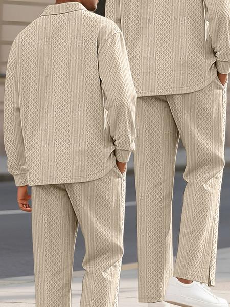 Men's Textured Long Sleeve Polo Shirt & Drawstring Pants Set, Casual Fitted Design, All-Season Wear, Comfortable Fit