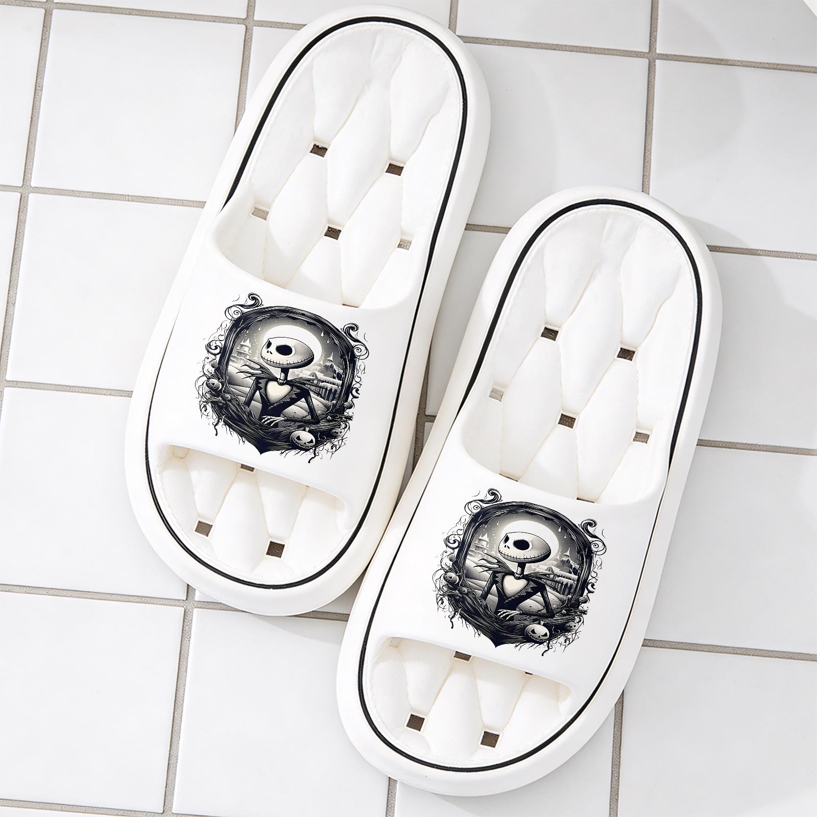 Halloween The Nightmare Before Christmas Jack Skellington Print Slippers Unisex Soft Sole Slides For Indoor And Outdoor Wear Halloween Party Cosplay Footwear Comfortable Non Slip Dark Style Casual Slipp