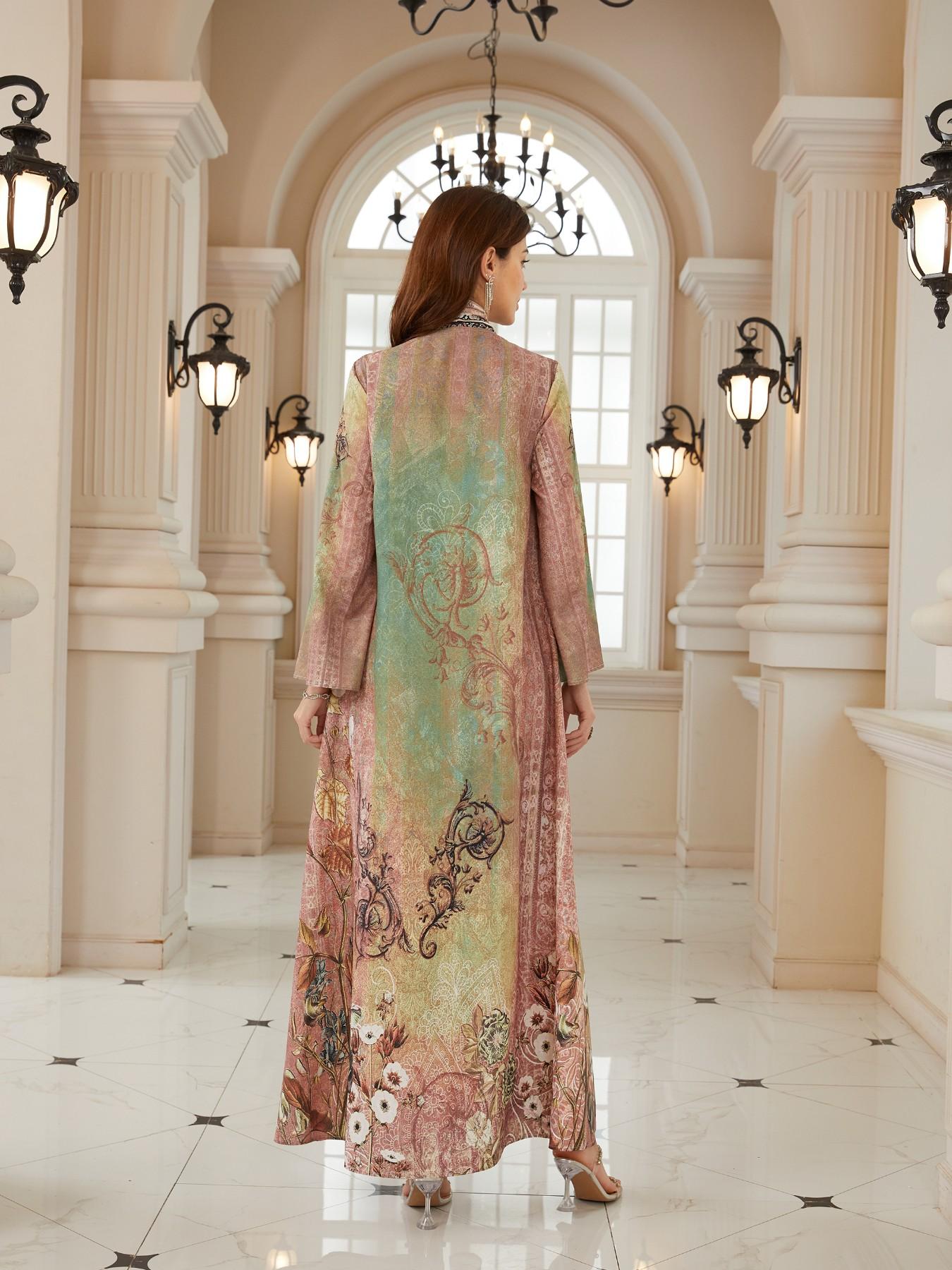 Women's Vintage Floral Print Rhinestone Long Robe, Dubai Style Kaftan Evening Dress, Ramadan Eid Abaya