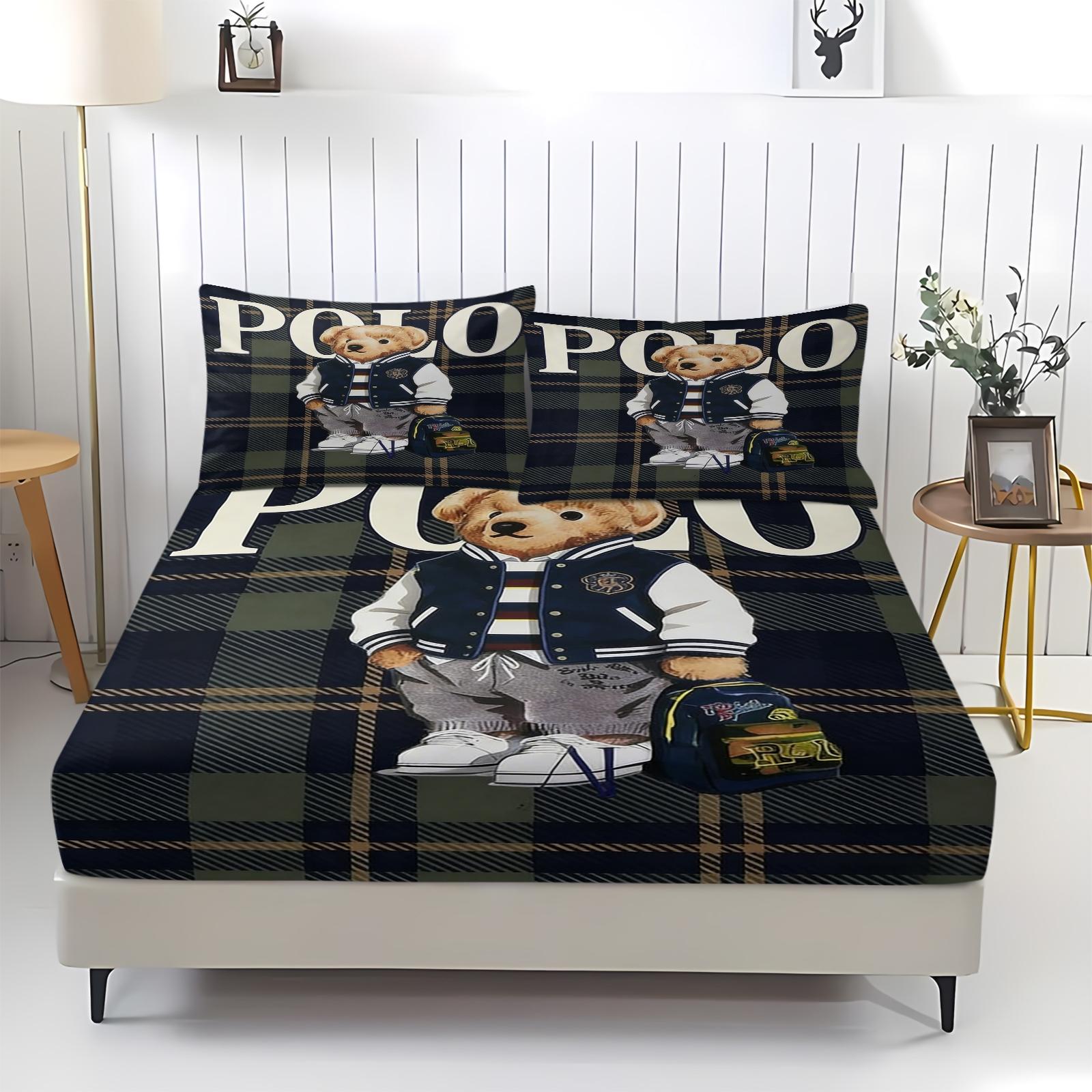 Teddy Bear Pattern Bed Sheet, Comfortable Printed Pattern, Includes 1 Bed Sheet and 2 Pillowcases, Comfortable Bedding, Non slip Dust Cover Suitable for Bedroom and Guest Room, Suitable as a Gift for Children or Adults