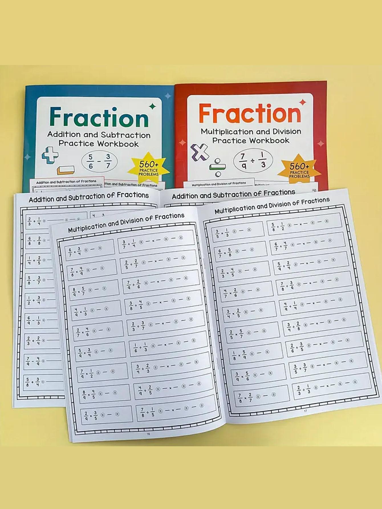 Elementary Math Workbook Set, Focuses on Basic Fraction Calculations, Includes Guided Addition Subtraction Multiplication Division Practice, Math Worksheets, Math Exercises