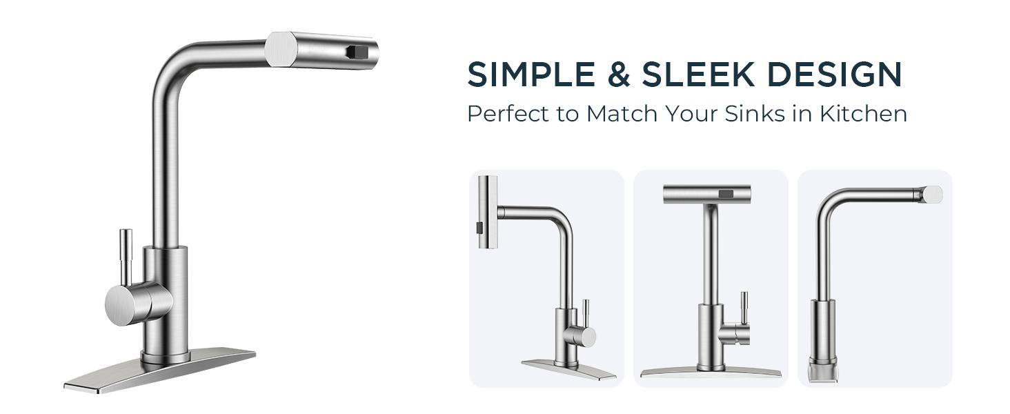 FORIOUS Waterfall Kitchen Faucet with Pull Down Sprayer Stainless Steel Kitchen Faucets with 3 Modes 90° Rotating to Switch Mode SUS304 Sink Faucet
