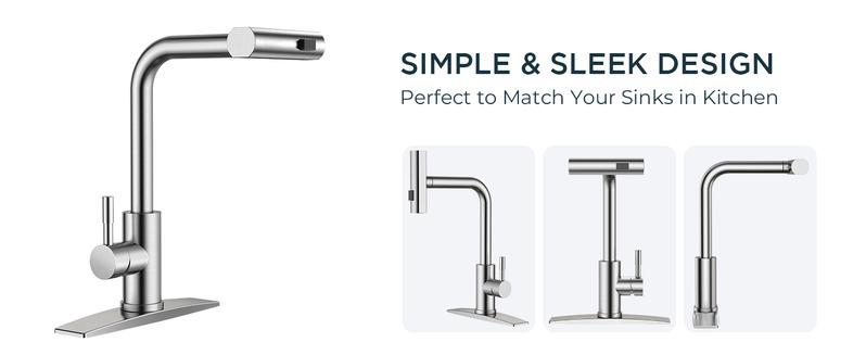 FORIOUS Waterfall Kitchen Faucet with Pull Down Sprayer Stainless Steel Kitchen Faucets with 3 Modes 90° Rotating to Switch Mode SUS304 Sink Faucet