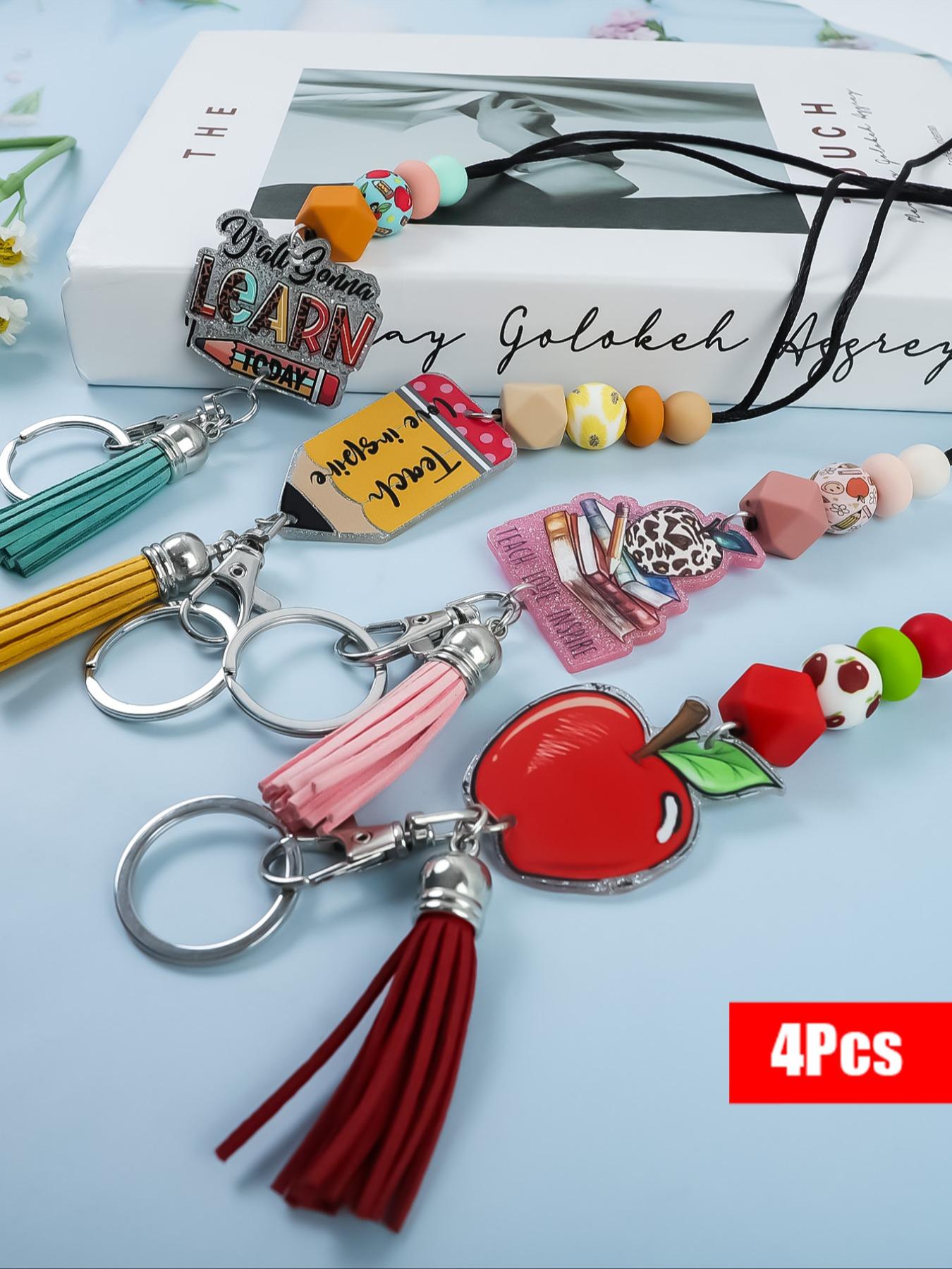 4-Piece Macaron Bead Keychain Set, Fun Teacher Neck Strap for School Days, Perfect Back-To-School Gift for Students and Teachers