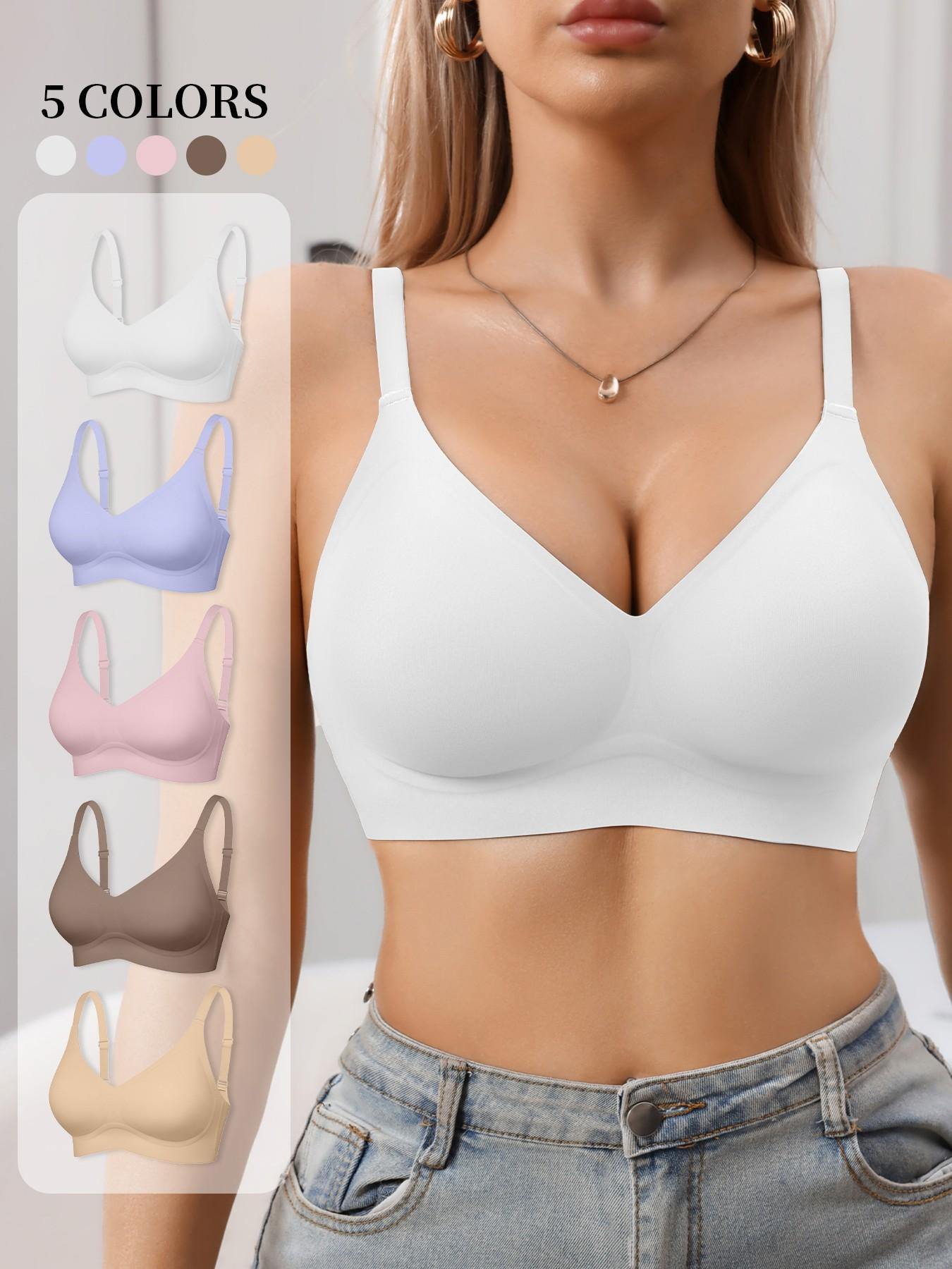 Jelly Bra Sexy V-Neck Gathered Wireless No Underwire Half Fixed Cup Pad Soft Comfort Women Daily Bra, Adjustable Strap, Medium Support, All Seasons