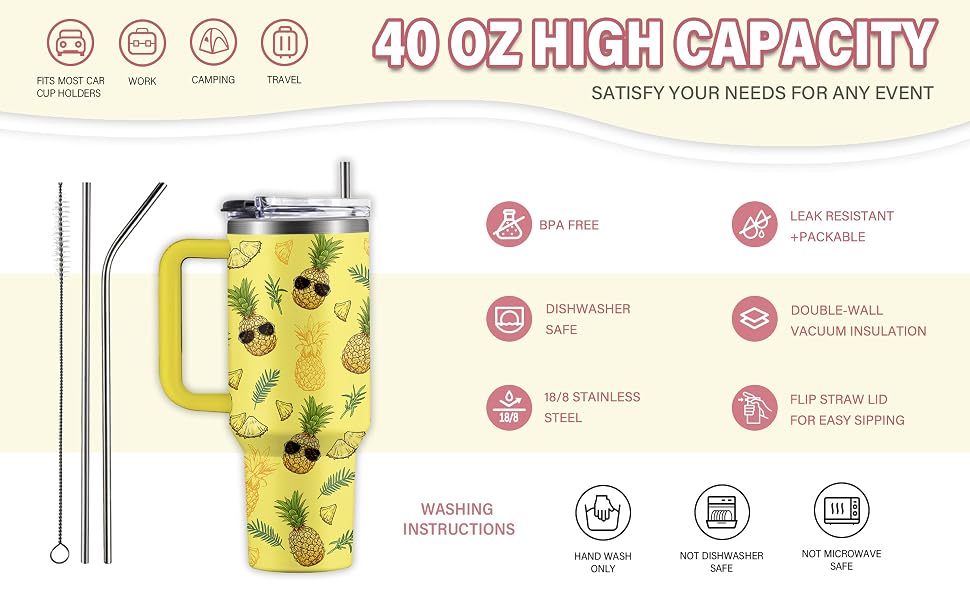 Pineapple Tumbler with Handle 40 oz, Pineapple Gifts For Women Girls, Birthday Christmas Funny Fruit Gifts for ananas Lover