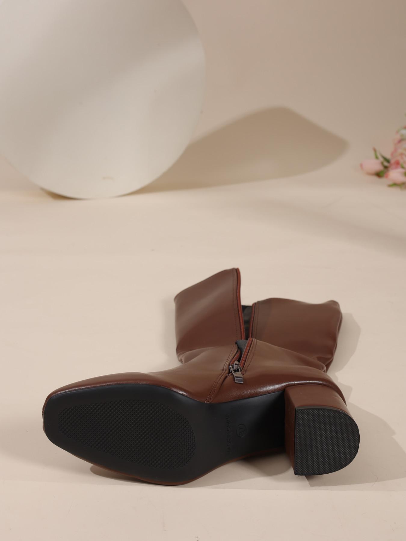 Women's Basic Solid Color Pointed Toe Thick Heel Over-The-Knee Boots, European Style Trendy Back Zipper High Ankle Leather Boots Pointed Toes Boots