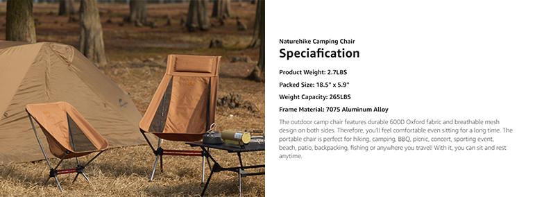 Naturehike YL08/09 Ultralight Camping Chair – 2.12 LBS Lightweight, Portable & Foldable with Anti-Sinking Feet – Ideal for Camping, Hiking & Travel outdoor backpack Folding Outdoorfun Hiking Essentials