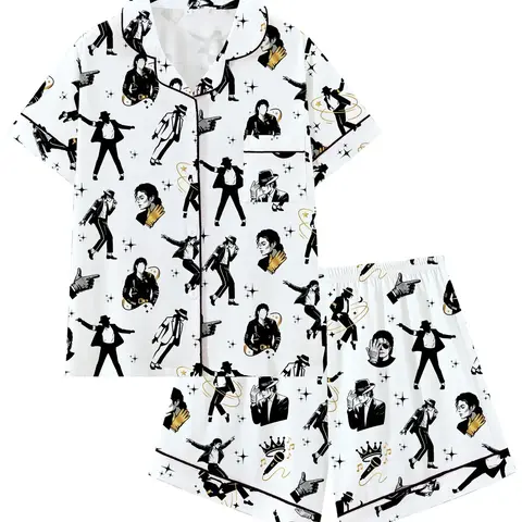 Vintage Music Singer Idol Lapel Short Sleeve Pajama Set, Comfortable Sleepwear and Loungewear for Home and Outdoors, Perfect Gift for Relaxing Nights