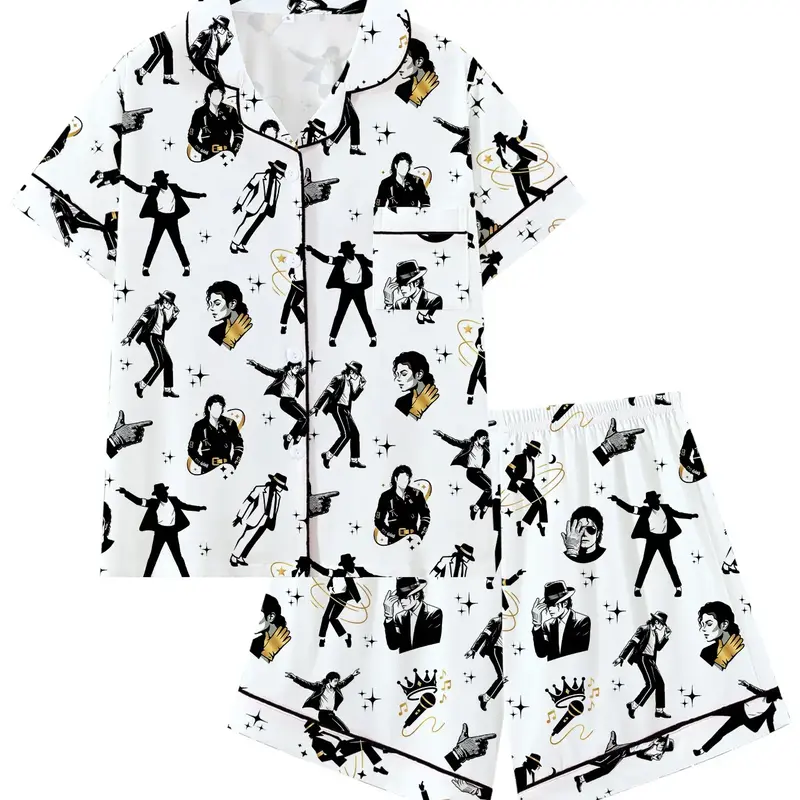 Vintage Music Singer Idol Lapel Short Sleeve Pajama Set, Comfortable Sleepwear and Loungewear for Home and Outdoors, Perfect Gift for Relaxing Nights