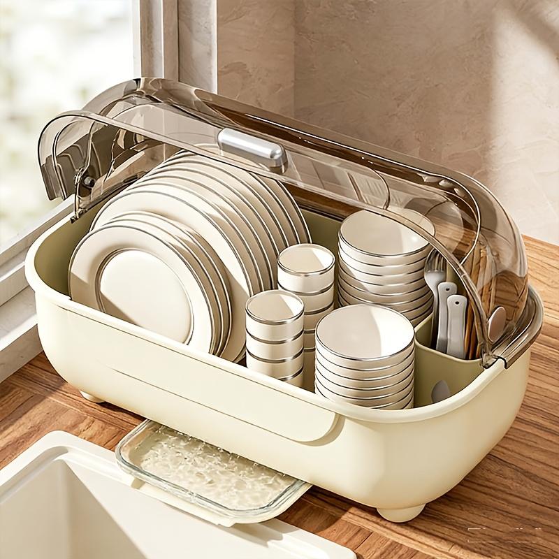 1 Piece Covered Drawer-Style Dish Rack with Water Draining Base. Multifunctional Dustproof Tableware Storage Cabinet, no standing water. Works on countertops and inside cabinets, perfect for kitchen bowl and plate storage.