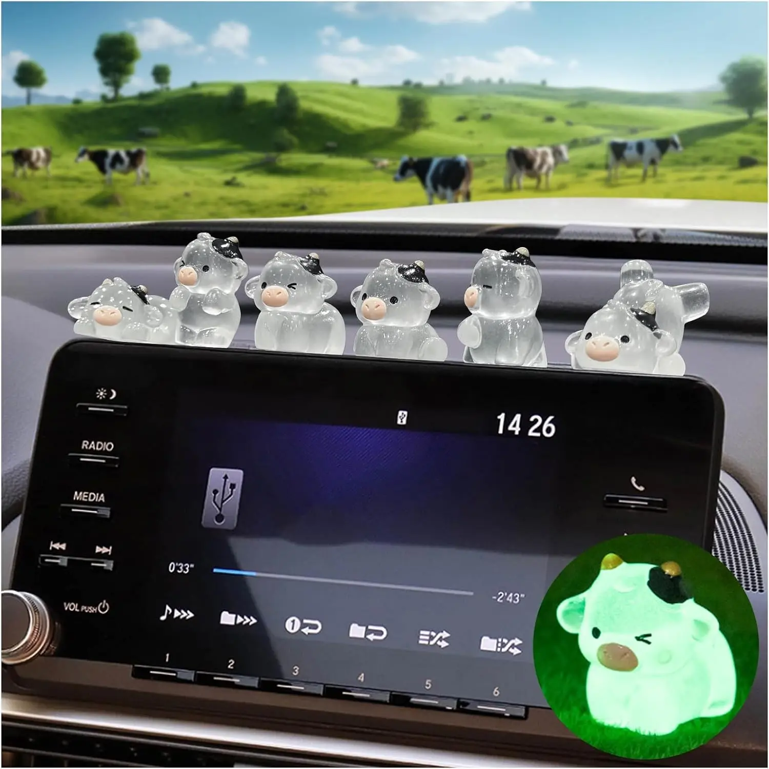 6Pcs Cute Luminous Cow Car Dashboard Decor Set - Funny Adorable Mini Cow Ornaments for Rearview Mirror, Dashboard & Touchscreen Top (Clear White)Gift