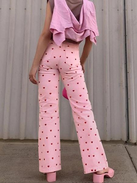 Women's Casual Loose-Fit Denim Wide Leg Pants, Boho Fashion Trousers, Heart Print Washed Jeans, All Season Comfortable for Dating & Daily Wear