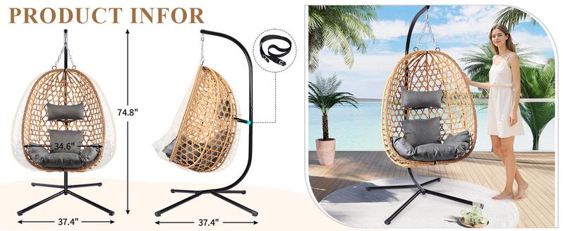 Hanging Wicker Egg Chair with Stand, Single Swing Chair with Cushions for Indoor and Outdoor Use, Supports Up to 350 lbs, Perfect for Patio, Garden, or Balcony