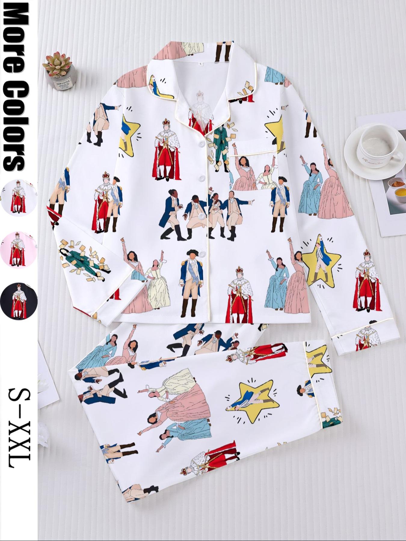 Hamilton Musical Print Women's Pajama Set, Long Sleeve Shirt Collar Button Soft Top & Elastic Pants, Casual Home Wear Loungewear