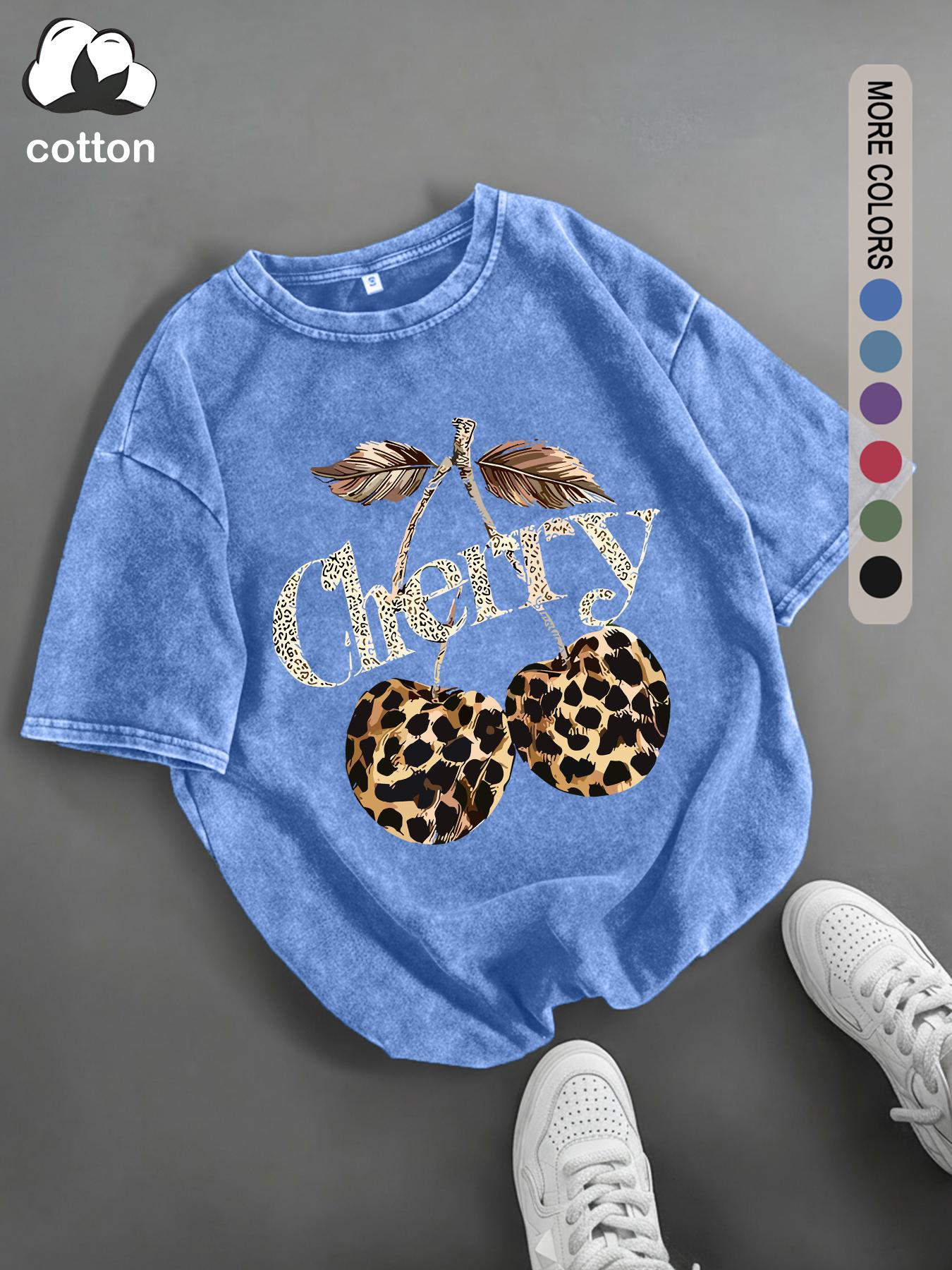 Women's Cherry & Leopard Print Round Neck Tee, Vintage Trendy Casual Short Sleeve T-shirt for Daily Wear, Ladies Summer, Top