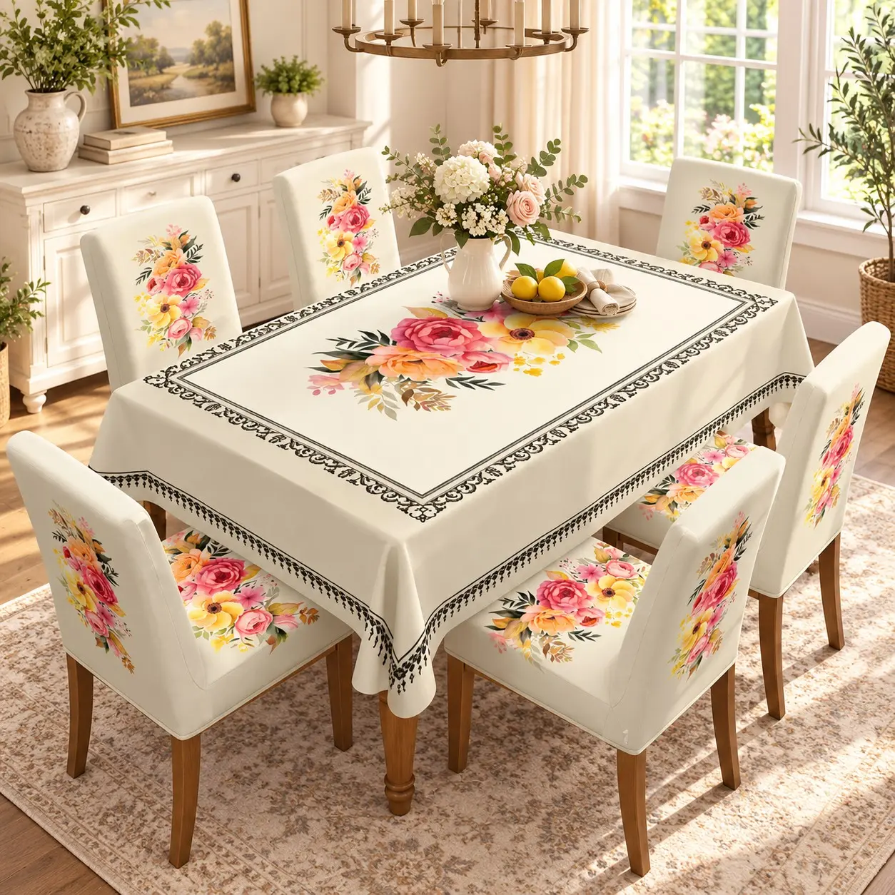 5pcs/7pcs Tablecloth Set with Matching Chair Covers, Ivory Floral Print with Pink Roses, Peach and Yellow Blooms and Ornate Black Border, Vintage Botanical Dining Table Decor for Family Meals, Spring Gatherings and Dinner Parties