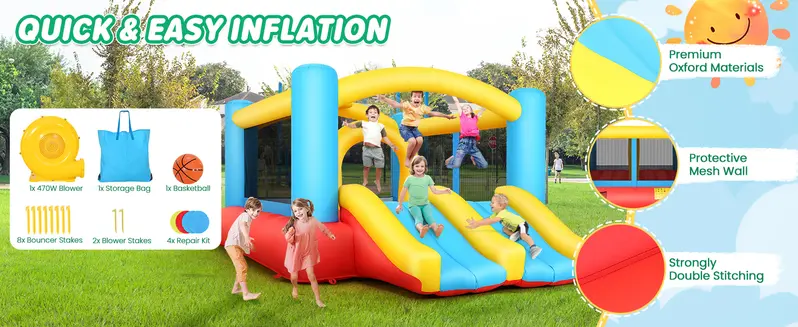 AKEYDIY Inflatable Bounce House with Double Slide, 13ft X 9ft Jumping Castle, Blower Included, Large Bounce Area/Obstacle/Basketball Hoop, Bouncy House Indoor & Outdoor Party Gift for Boy Girl,Christmas Gifts,Holiday Gifts
