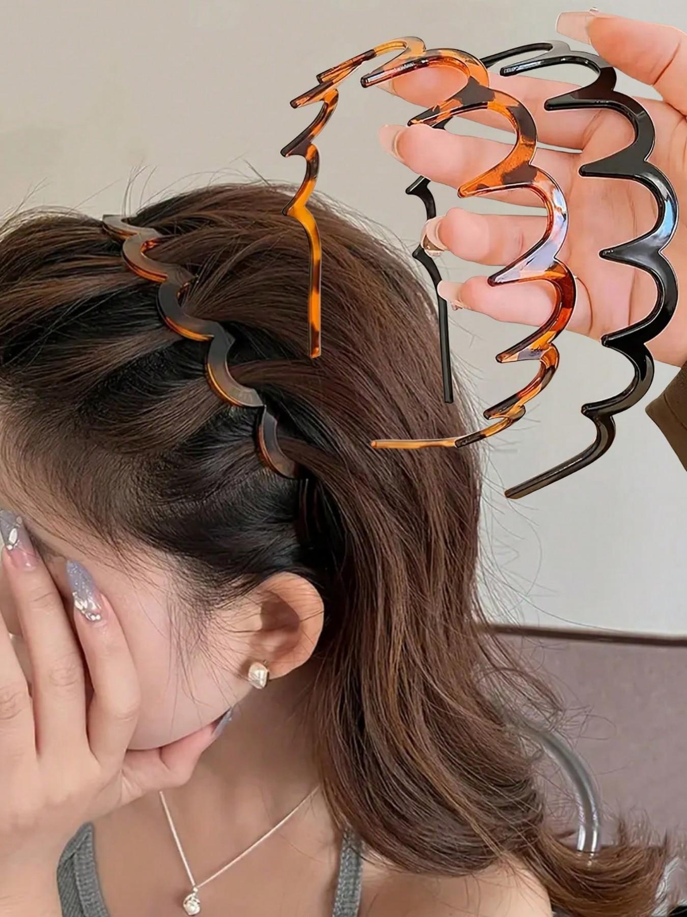 4pcs U-Shaped Wave Comb Forehead Hairband, Wavy Headband, Anti-Slip Fine Transparent Headband, Unisex Leopard Pattern, Casual Style, All-Season Hair Accessory