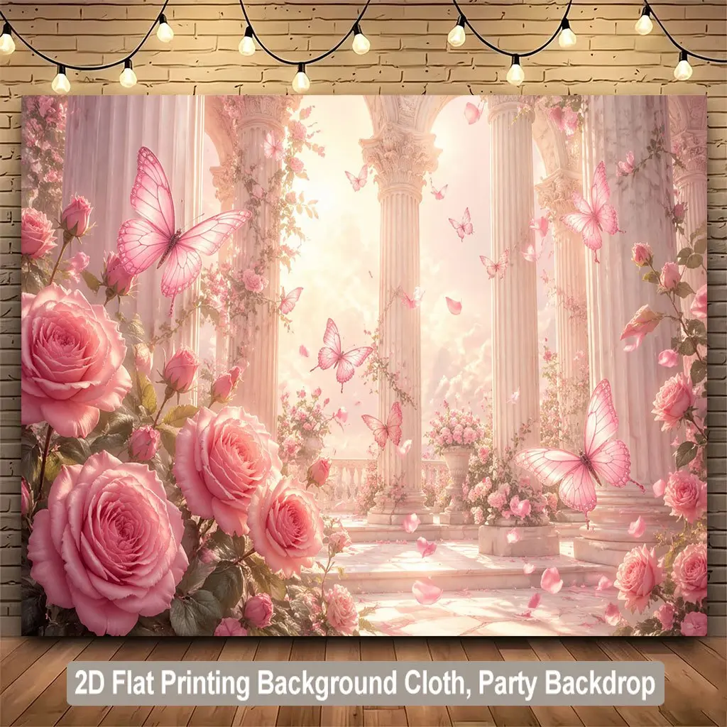 1 piece of backdrop fabric, featuring roses and butterflies flying in the garden, suitable for parties, home, garden, studio, outdoor activities, and room decoration