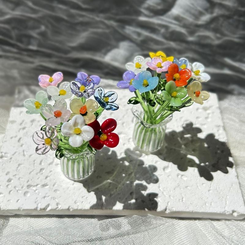 1/2/4/6/11PCS/SET Creative Mini Glass Flowers with Vase European Style Decorative Small Vase Set Elegant Crystal Clear Transparent Floral Bouquet Vase Office Desk Decor For Birthday Anniversary Mother's Day Handmade Glass Flower Bouquet Small Flower Gift