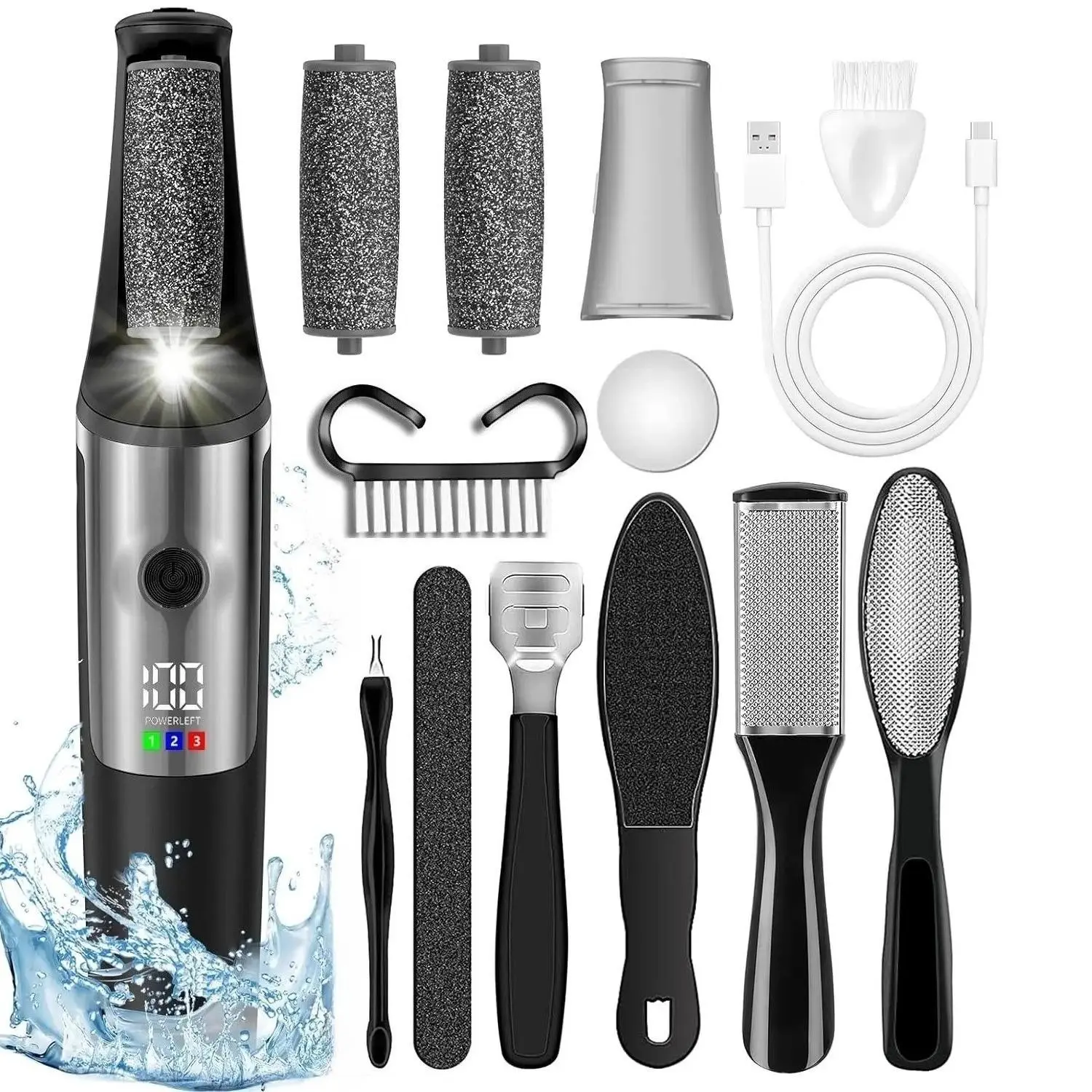 Rechargeable Electric Foot Callus Remover Kit for Men Women, Waterproof Pedicure Foot File with LED Light, 3 Grinding Heads & Foot Care Tools Set, Remove Dead Skin Cracked Heels Hard Skin for Home Salon Foot Spa