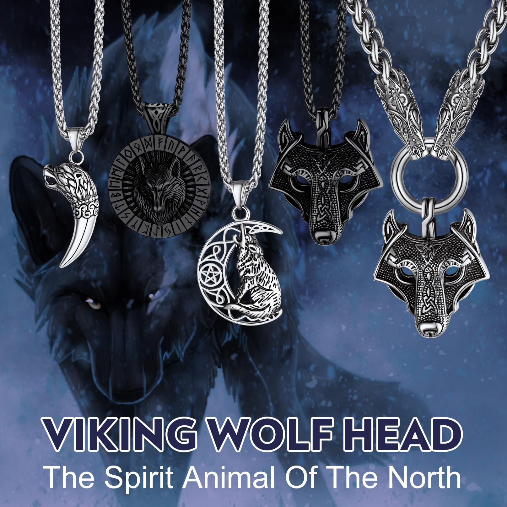 FaithHeart Viking Wolf With Runes Amulet Necklace For Men Women Stainless Steel