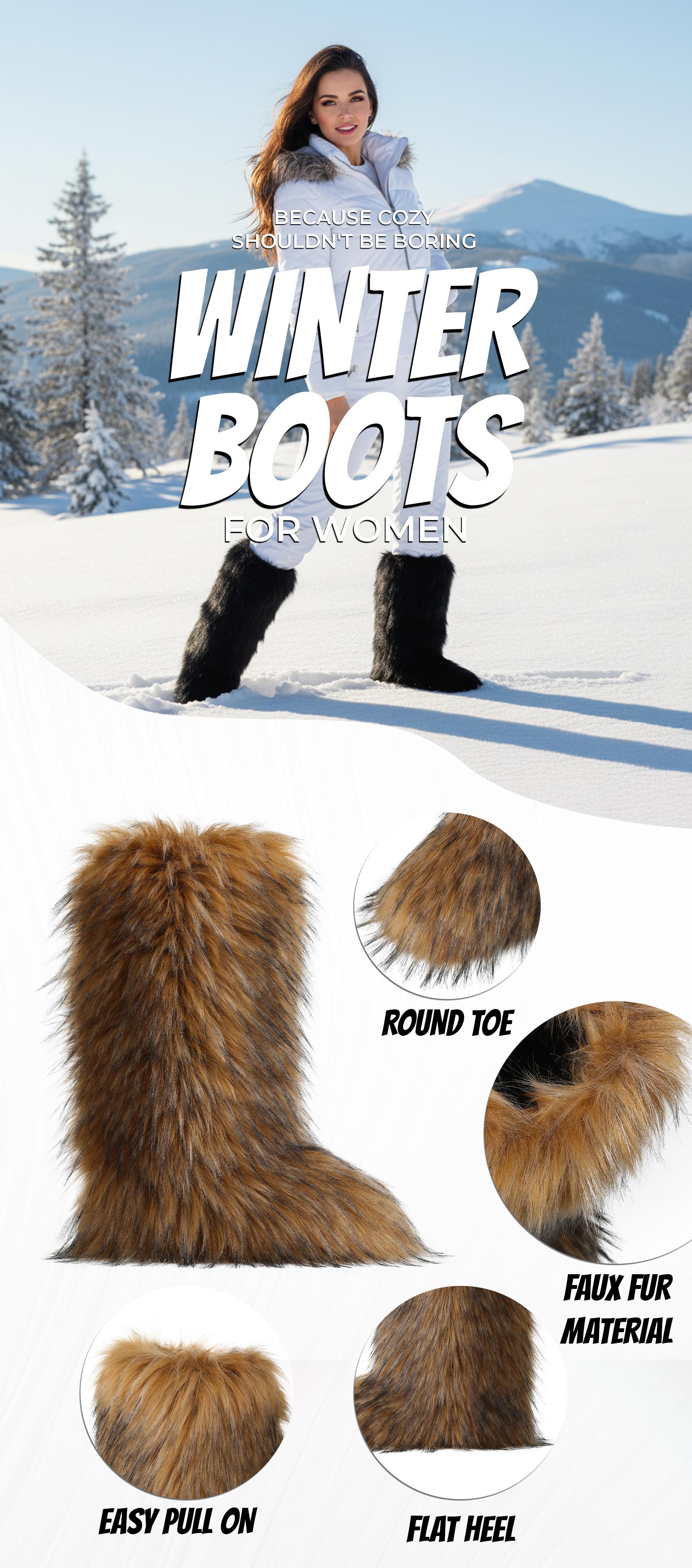 CELNEPHO Winter Boots for Women Round Toe Faux Fur Boots Furry Fluffy Flat Heel Knee High Boots Warm Comfortable Easy Pull on for Snow Skating Outdoor Party Dress Shoes