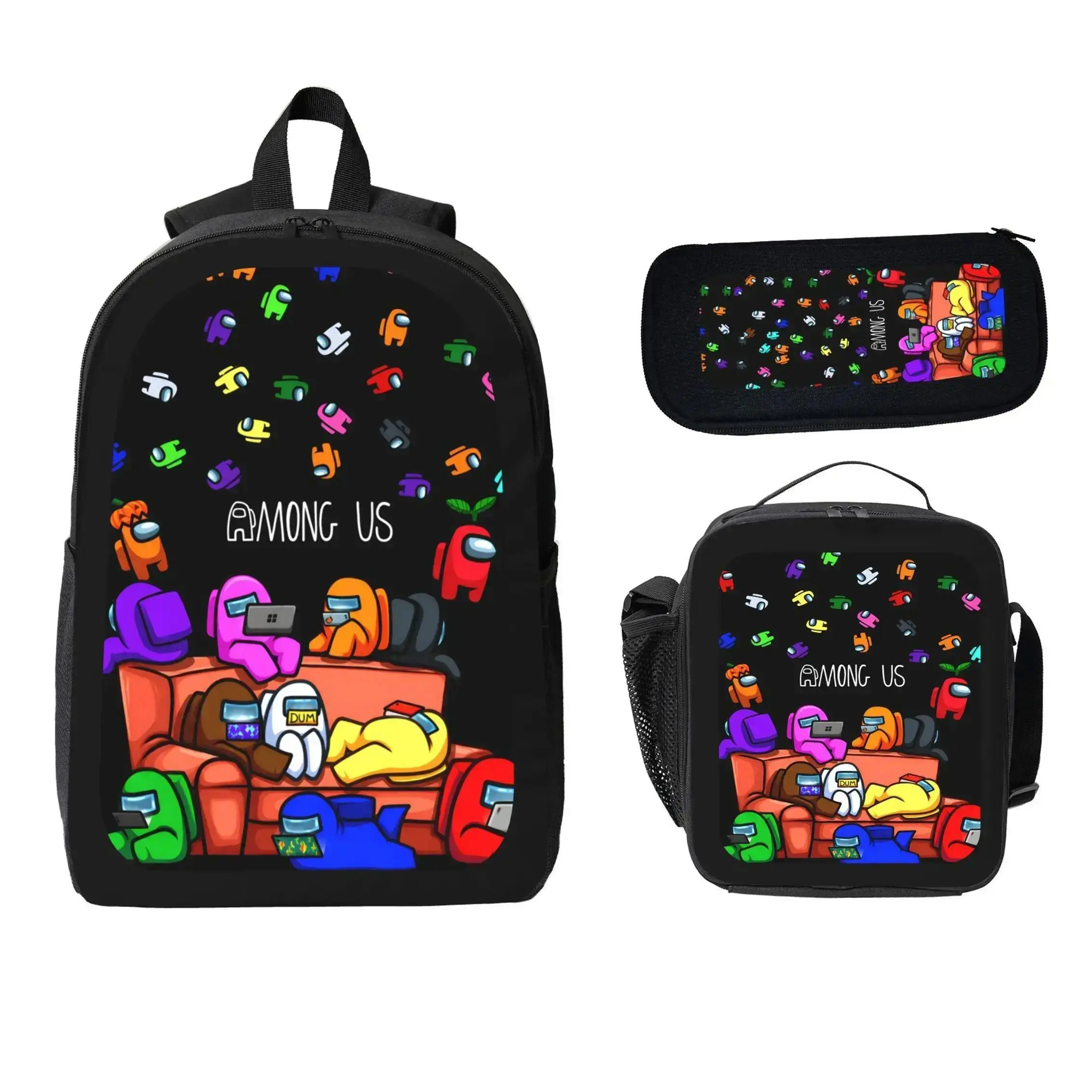 Among Us Game Cartoon Printed Backpack Set Durable Polyester 3 Piece Bookbag Lunch Bag Pencil Case Lightweight Large Capacity Back To School Supplies Travel Daypack For Boys Girls Kids Teens Students Viral Trendy Gaming Gift