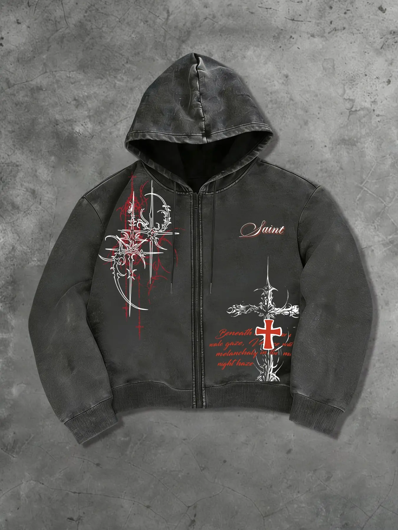 Men's Y2K Dark Aesthetic Saint Thorn Cross Zip Graphic Print