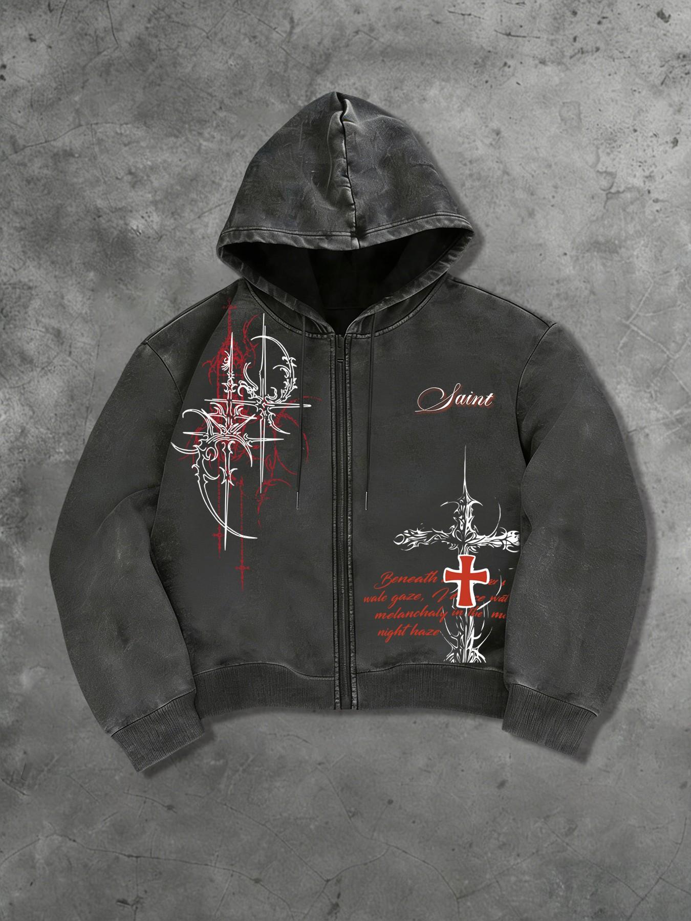 Men's Y2K Dark Aesthetic Saint Thorn Cross Zip Graphic Hoodie