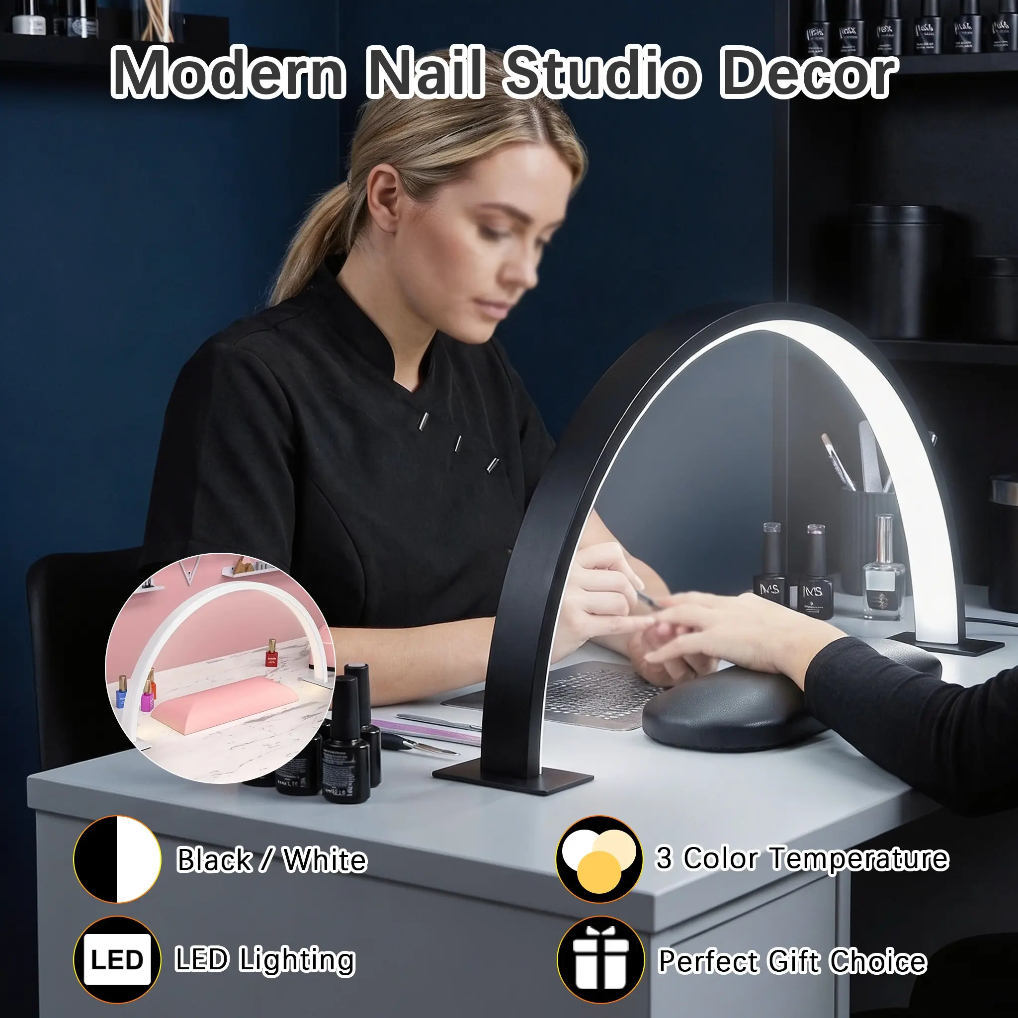 Half Moon Arc Nail Beauty Lamp, LED No Flicker Eye Protection Light, Three Color Temperature Settings, Desktop U-Type Lamp, Ideal for Manicure Salon