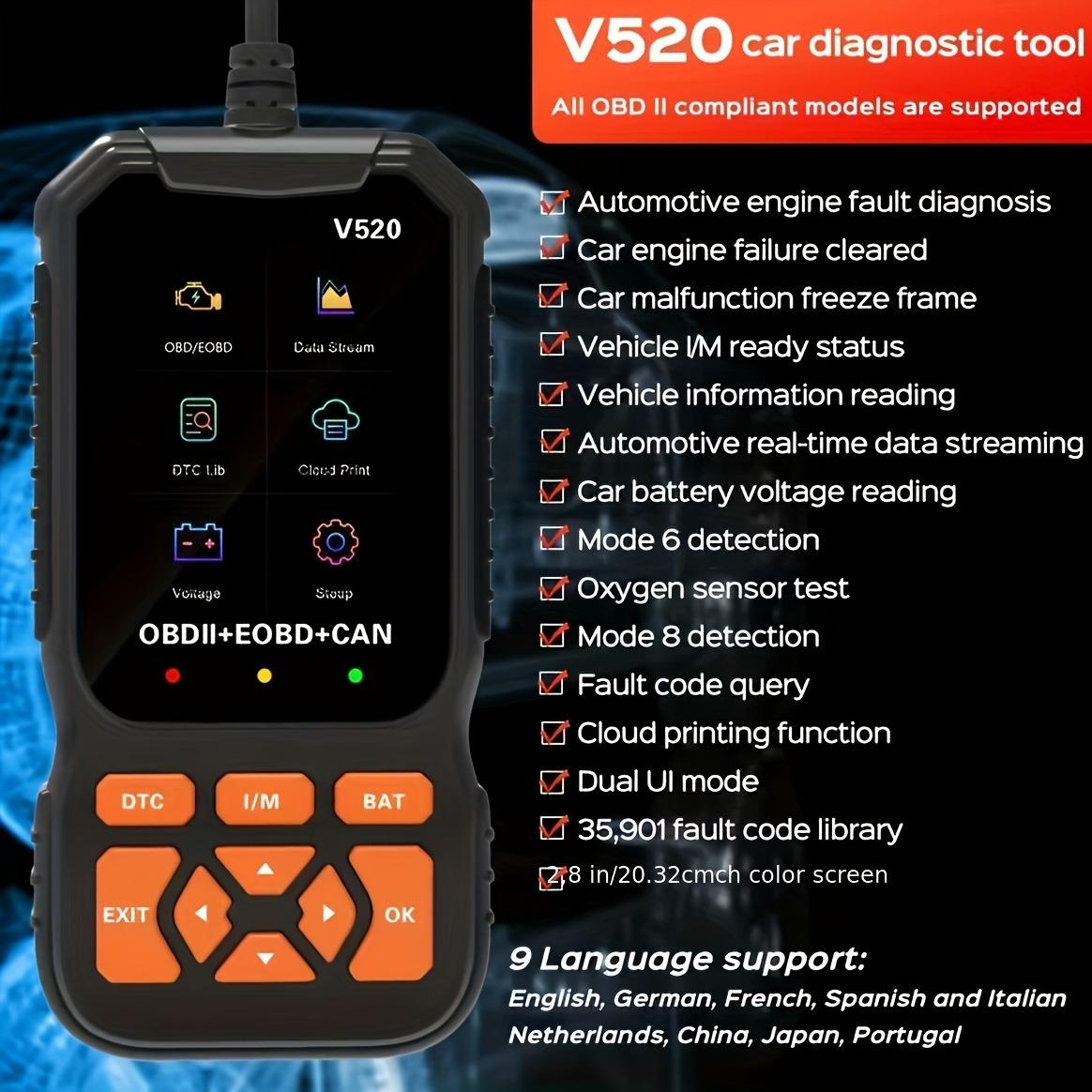 Professional Obd2 Diagnostic Scanner V520, Engine Fault Detector, Code Reader, Battery Tester, Automotive Scan Tool, Supports 10 Languages, Fits All Obd Ii Vehicles Since 1996