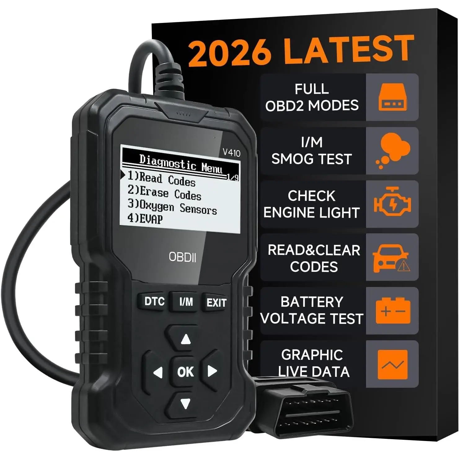 OBD2 Scanner, V410  Scanner Diagnostic Tool,Engine Fault Code Reader | Scan Tool with Live Data,Freeze Frame,Smog Test,  Test for  OBDII  After 1996,Black