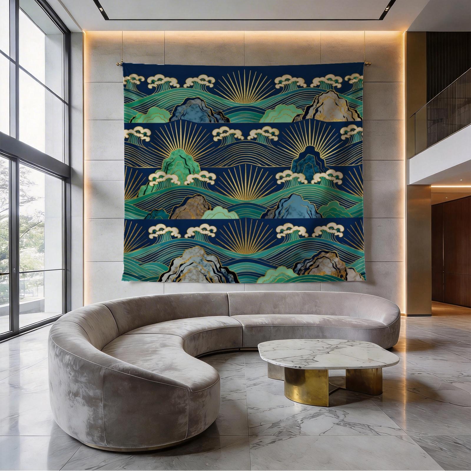 1 Piece Japanese Wave Sun Tapestry, Navy Blue Gold Foil Great Wave HD Digital Print Wall Hanging, Boho Polyester Tapestry, Lightweight Fade-Resistant, Easy to Hang for Bedroom, Living Room & Dorm