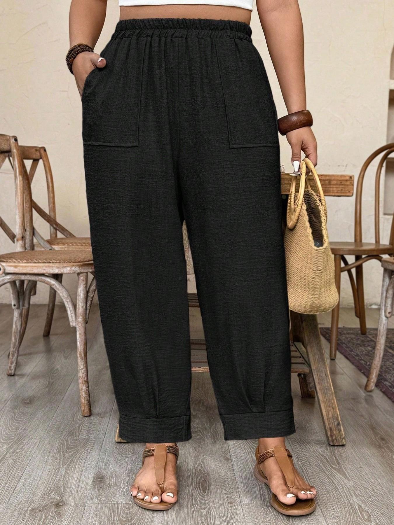 Plus Size Casual Elastic Waist Loose Fit Trousers, Breathable Lightweight Fabric, Y2K Clothes Summer Outfits, Trendy Vacation Daily Wear, Comfortable Relaxed Fit Work Casual Bottoms