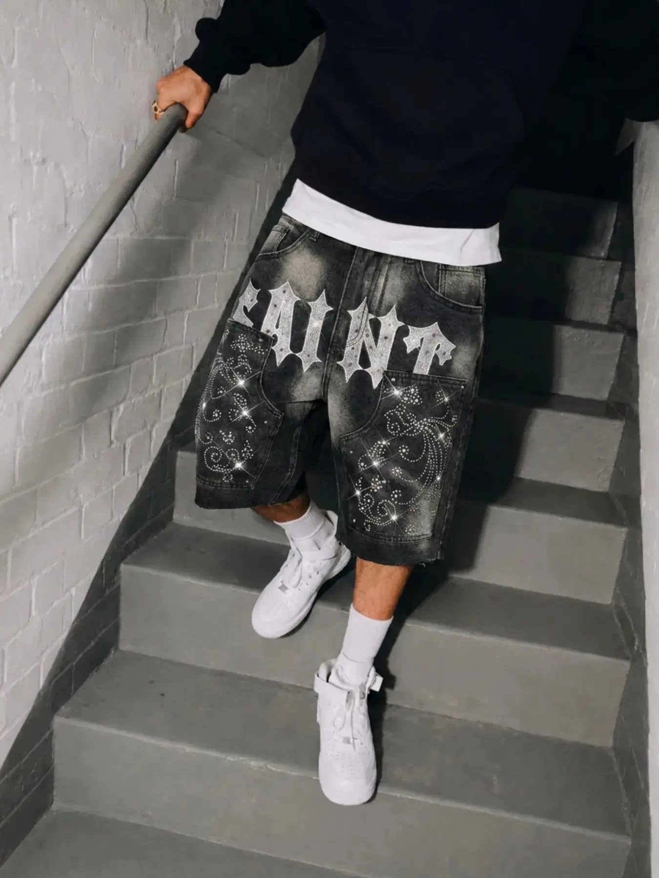 American Men's Casual Jean Shorts, Sparkling Rhinestone Letter Design, Comfortable Breathable, Y2K Trendy Style, All Seasons Wear