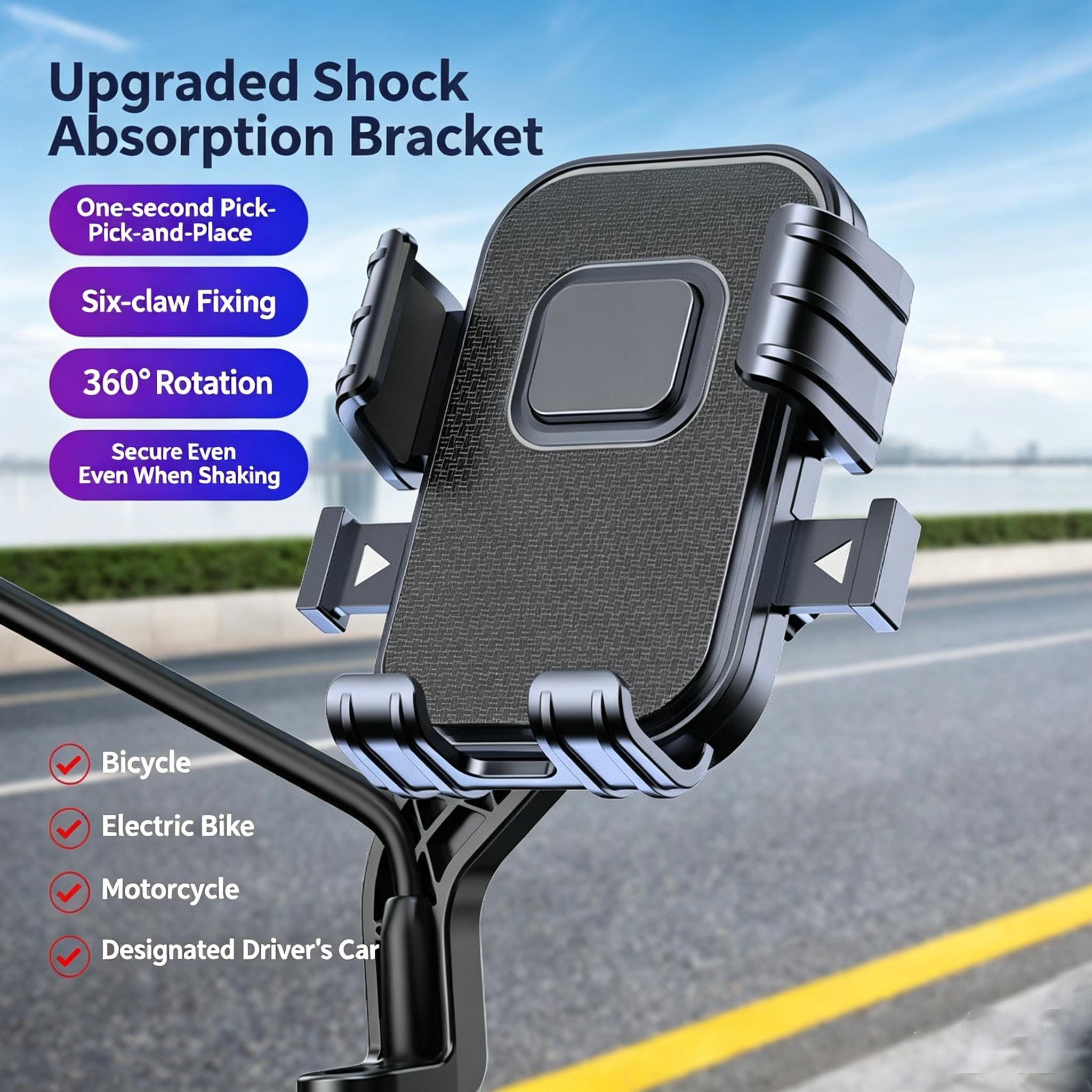 360° Rotatable Bike and Motorcycle Phone Mount, suitable for scooters, e-bikes, e-bike accessories, handlebar mounts, anti-vibration mounting for cycling, navigation mounts for food delivery riders, and shock-resistant phone mounts for outdoor cycling.