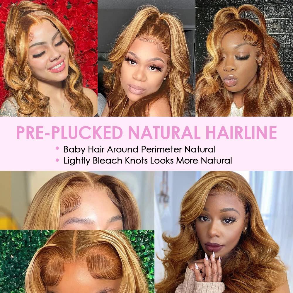 Pizazz Hair 220% Density 13x6 Highlight Body Wave Full Lace Front Wigs Human Hair Pre Plucked 4/27 Honey Blonde HD Transparent Lace Front Wig Human Hair Pre Bleached Wig For Women