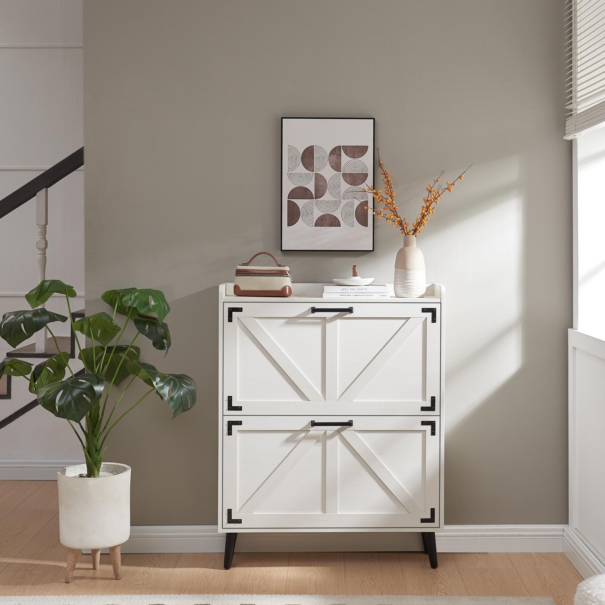 Farmhouse Shoe Storage Cabinet with 2-4 Flip Drawers & Barn Door Design - Freestanding Slim Narrow Shoe Organizer for Entryway, Foyer & Hallway