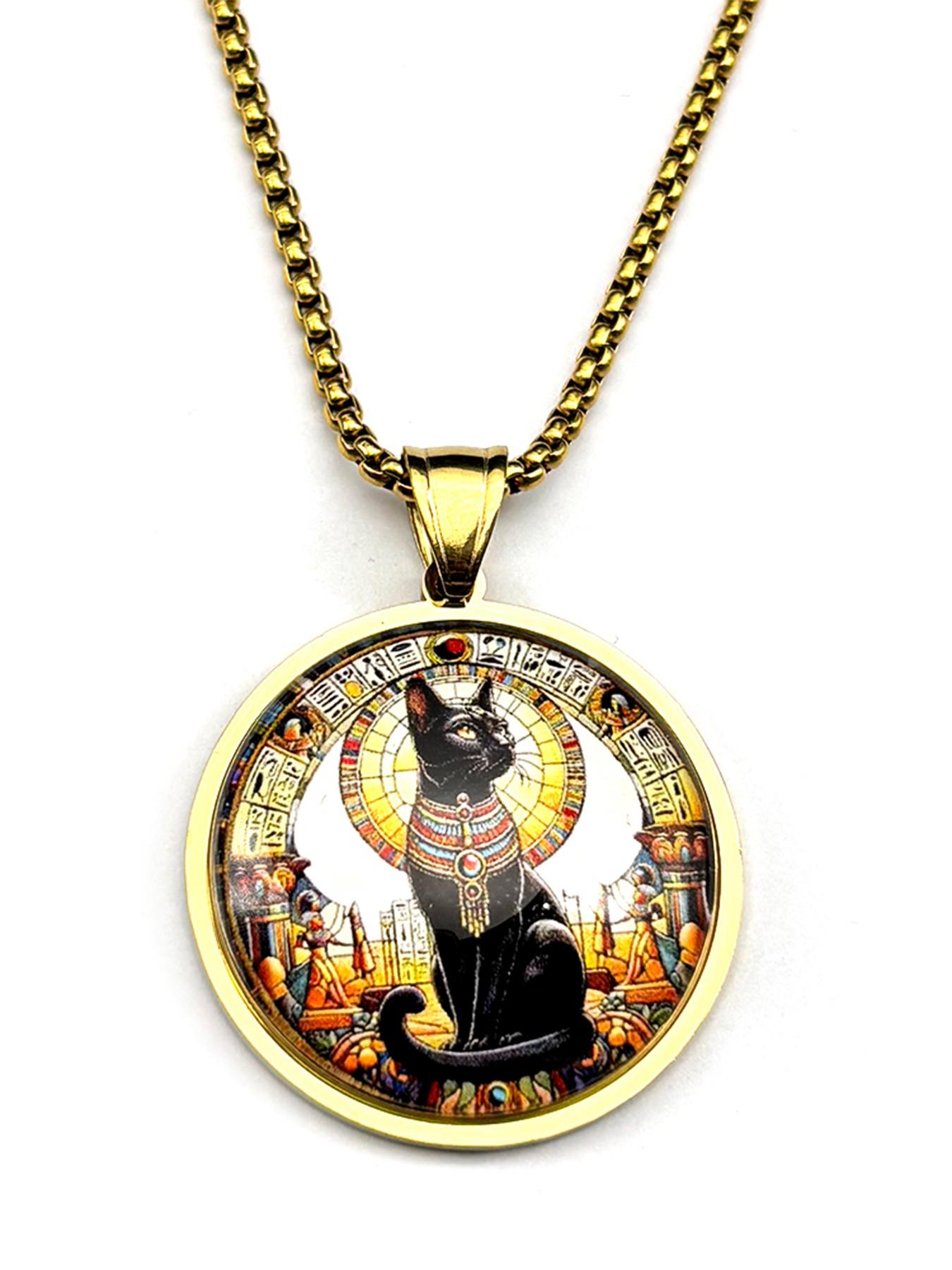 Vintage Black Egyptian Cat Goddess Bastet Glass Pendant Necklace Stainless Steel Gold Color Ancient Egypt Chain Amulet