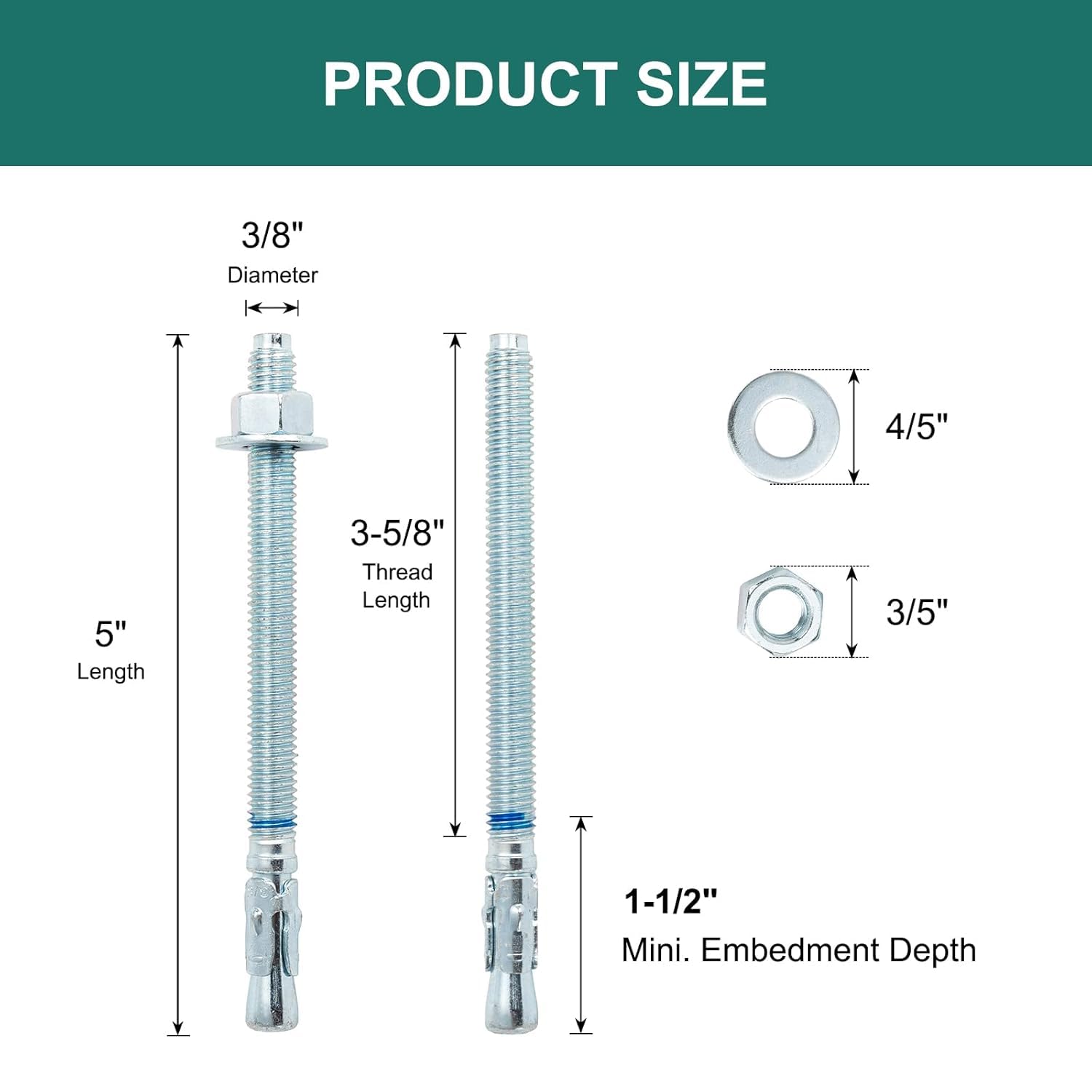 3/8" x 5" Concrete Anchors (16 Pack) 3/8 inch Wedge Anchors  Zinc Plated