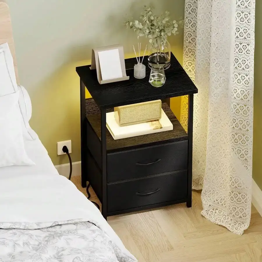 1/2pcs Classic LED Bedside Table with Charging Station, USB Outlets, Charging Port, 2 PU-Finish Fabric Storage Drawers, Black Marble Indoor Furniture Night Stand