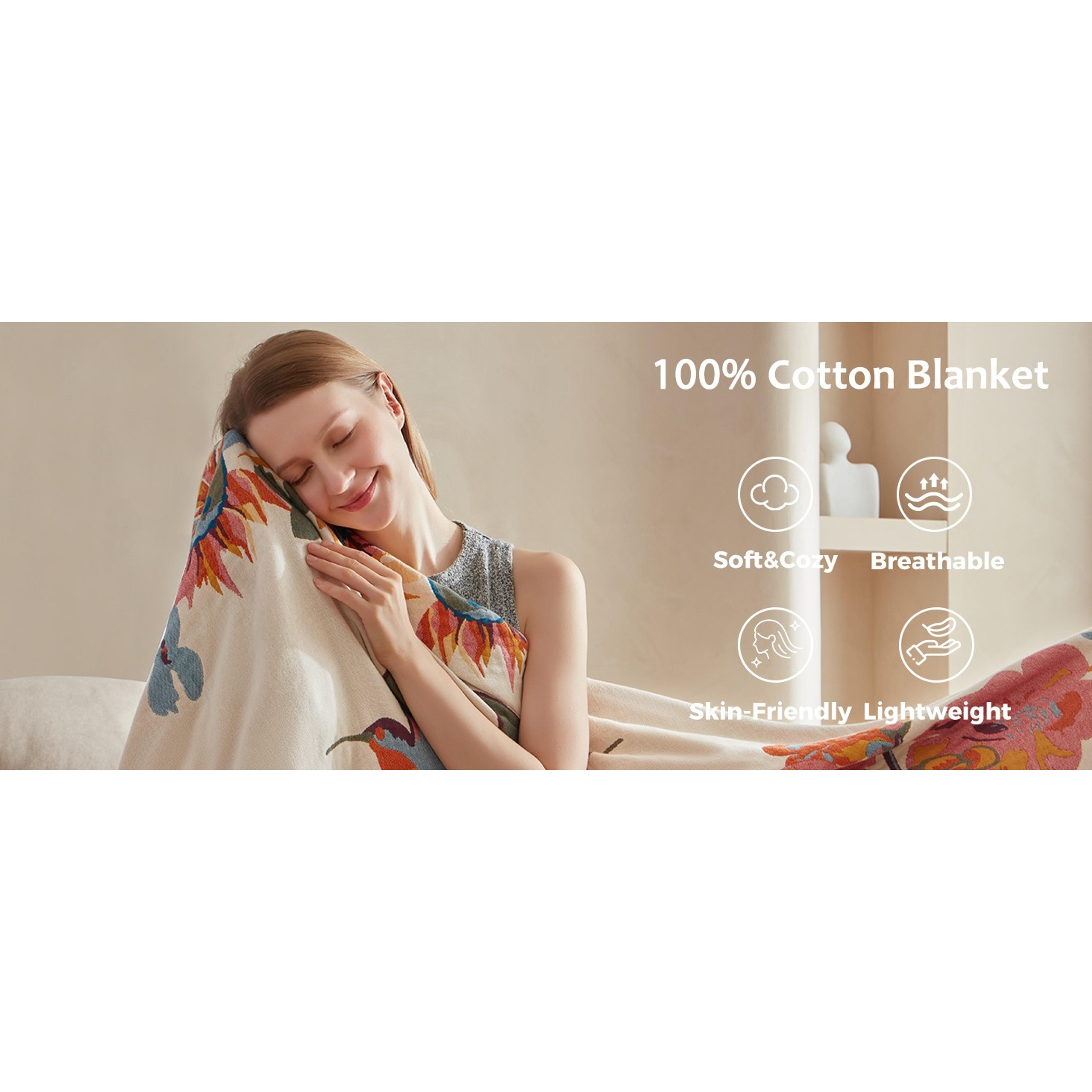 Reversible Jacquard Print Rectangular Boho Cotton Throw Blanket, 60"x80" 100% Cotton Lightweight Breathable Gauze, All-Season Couch Bed Chair Decor, Floral Butterfly Design