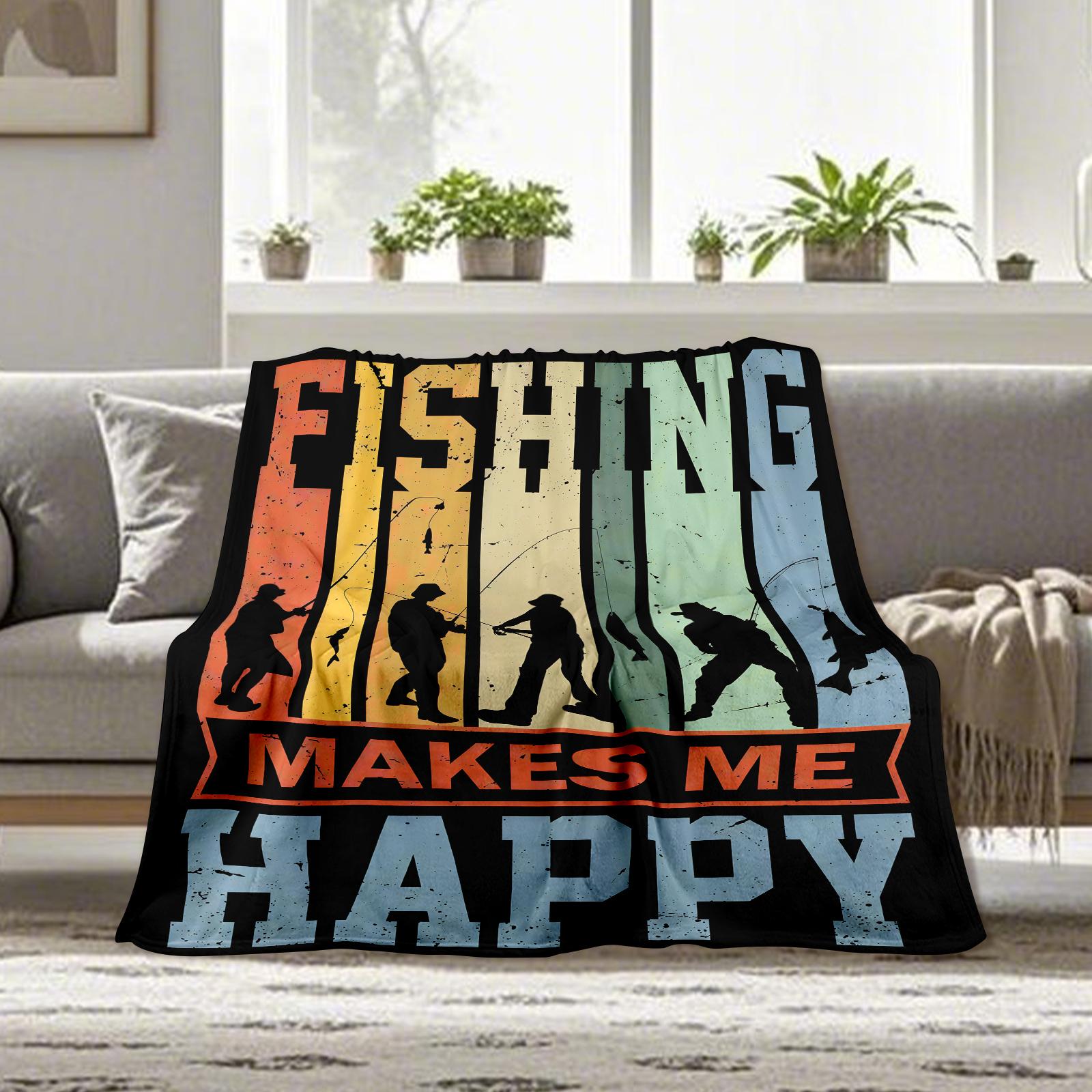 Flannel Fishing Enthusiast Blanket – FISHING MAKES ME HAPPY Design, Oversized Soft Throw for Outdoor Travel & Camping, Tear-Resistant, All-Season Comfort, Perfect Gift for Fishermen