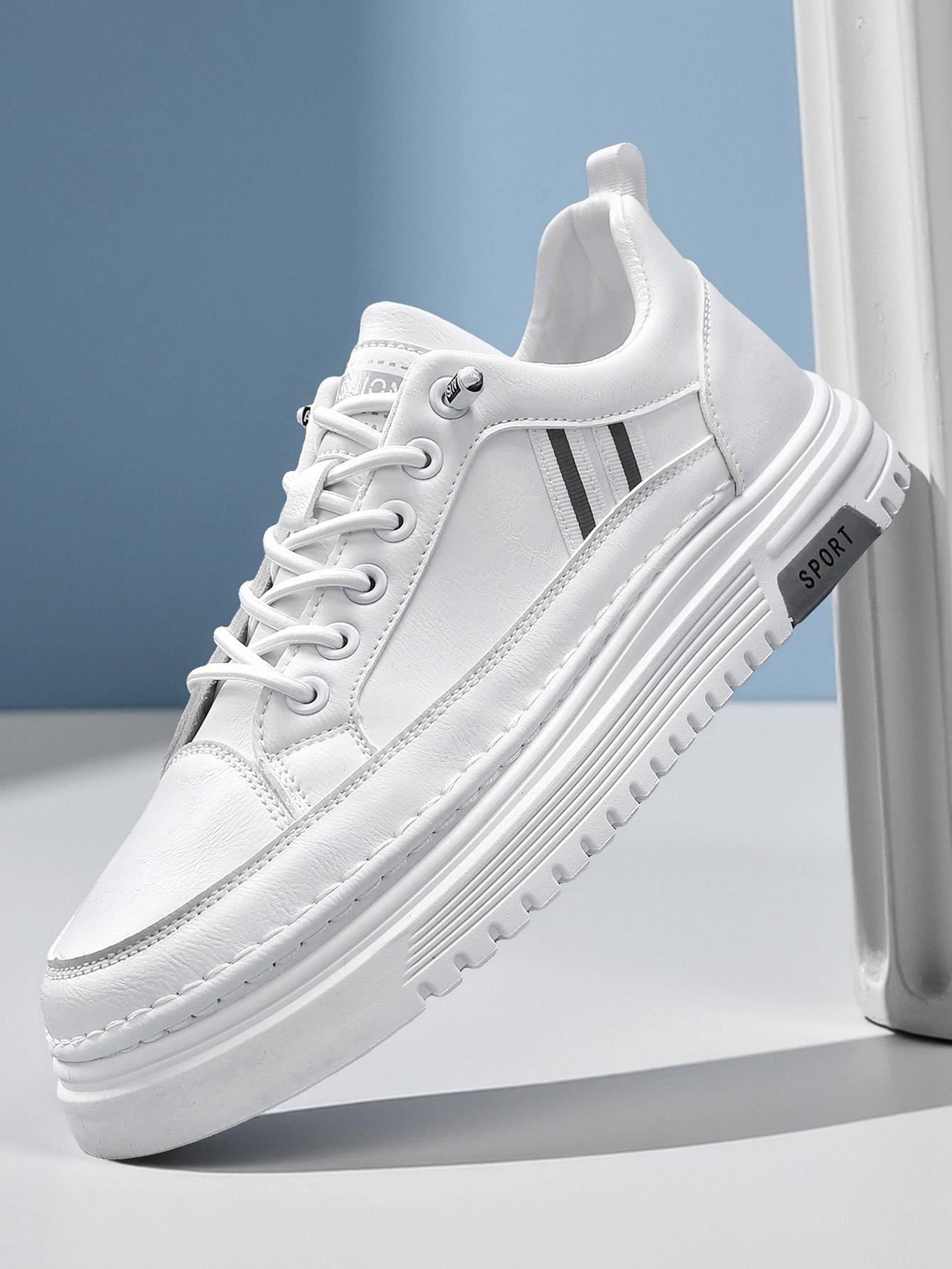 Men's Summer Thick Sole Sneakers, Simple Striped Casual Board Shoes, Soft Leather Breathable Lightweight, Height Boosting Slim Fit, Versatile Daily Wear