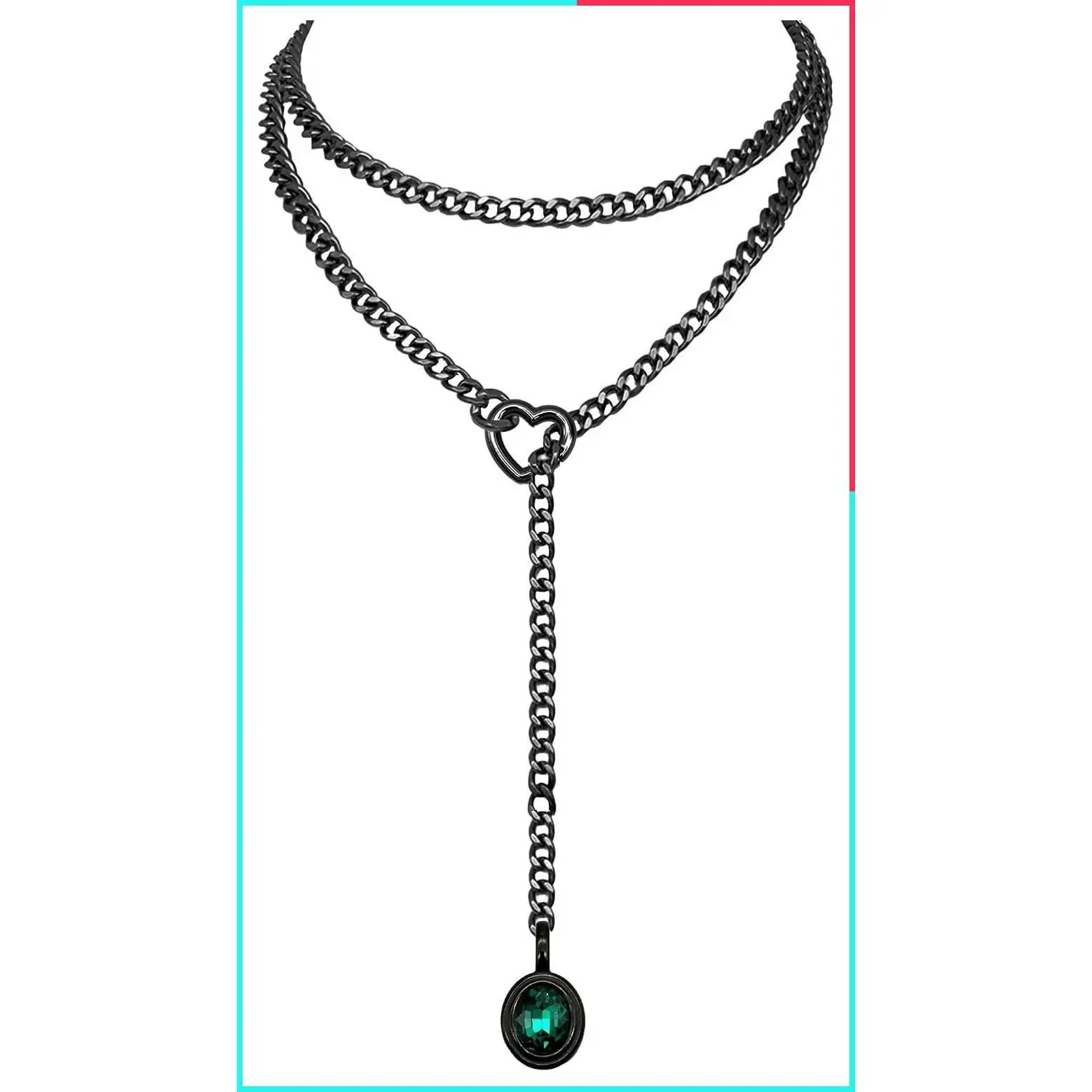 Women's Adjustable Heart Slip Chain Y Lariat Necklace with Cuban Chain, Removable Heart O-Ring and Crystal Pendant