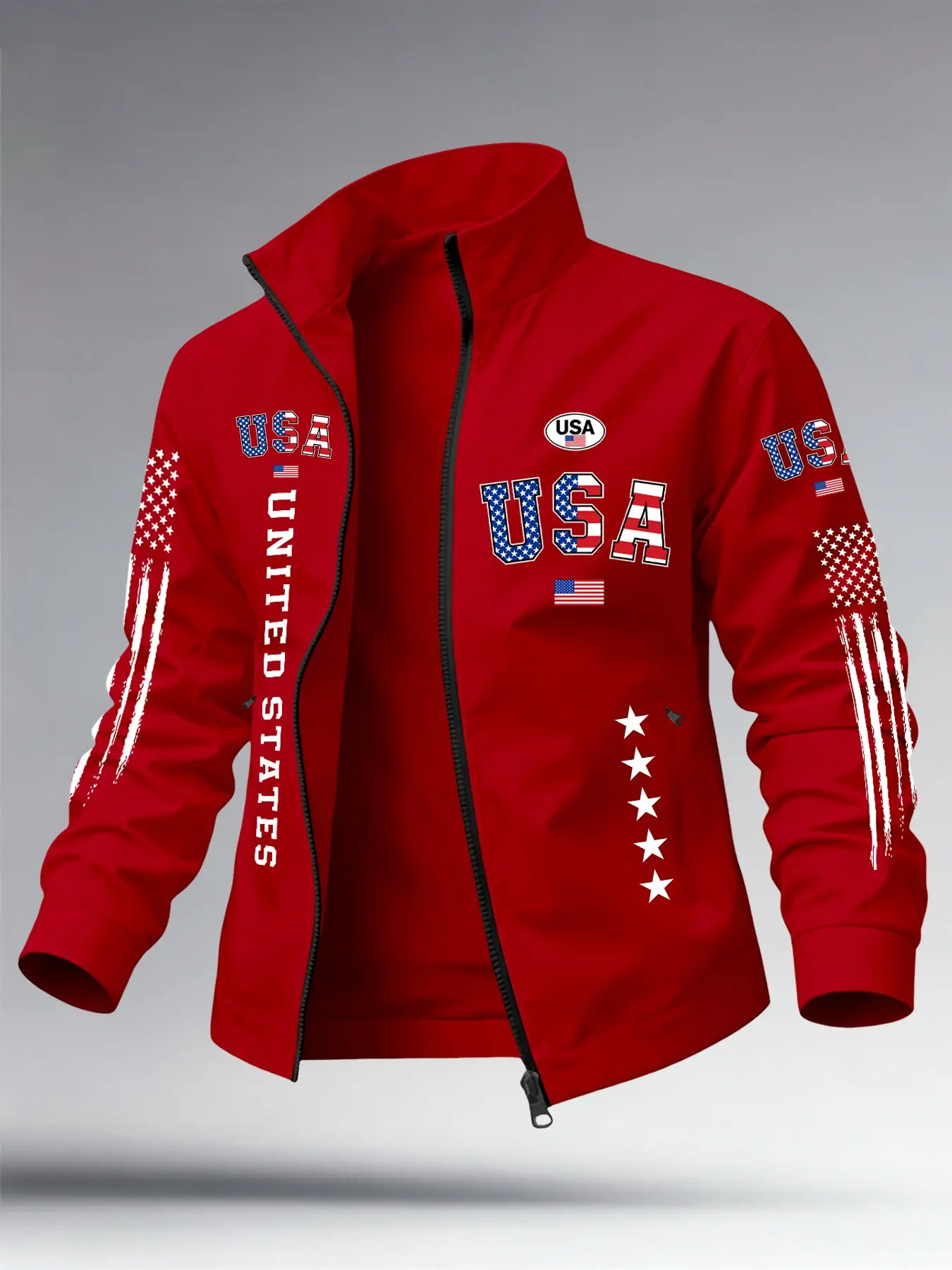 Men's Lightweight Lapel Jacket with Zipper Pockets, Usa Flag Print, High-Quality Smooth Fabric, Casual Outerwear for Daily Wear